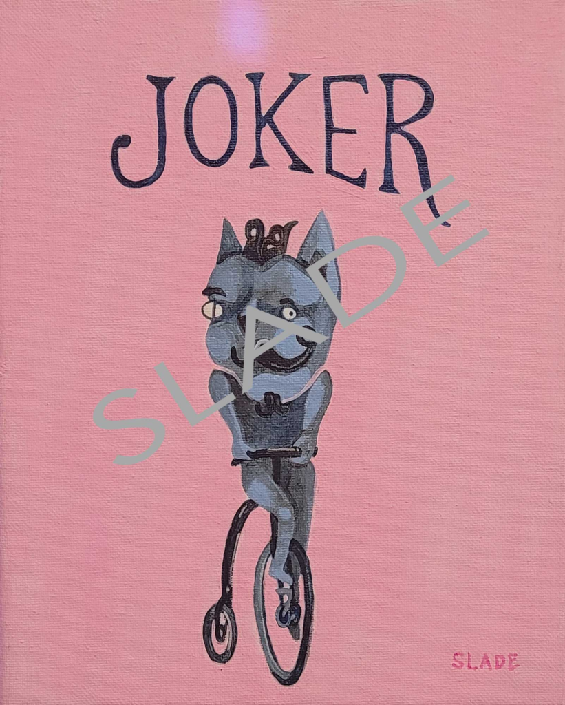 Marcela Slade's Joker with a blue gray cat on a unicycle on a pink background