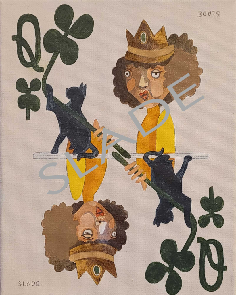 Marcela Slade's Queen of Clubs with a black cat and a brunette queen with a brown crown