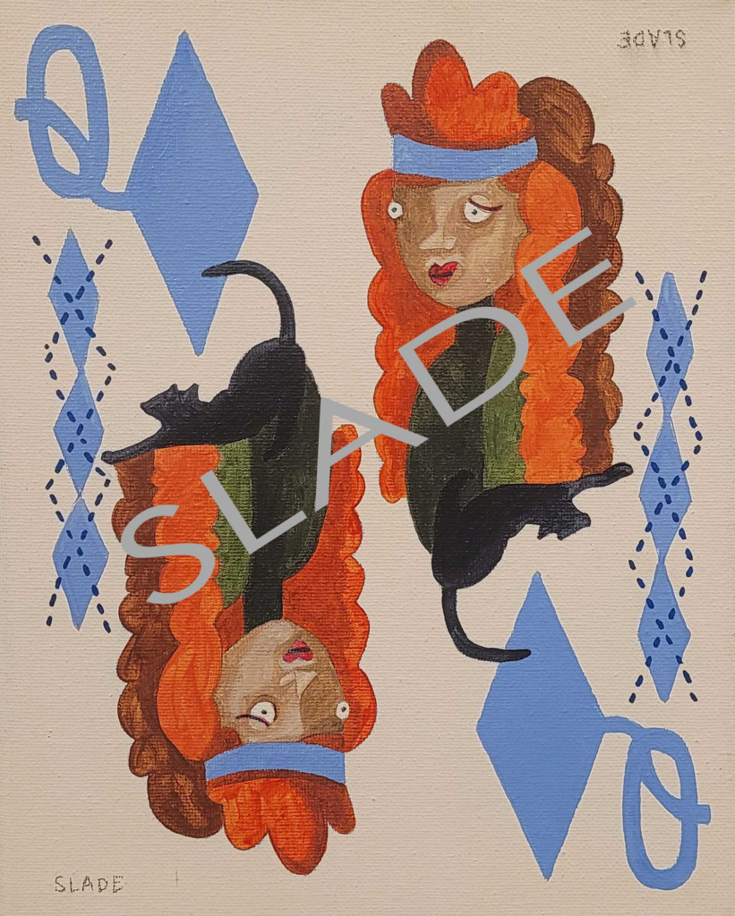 Marcela Slade's Queen of Diamonds with a black cat and a red headed queen with Carolina blue hearts
