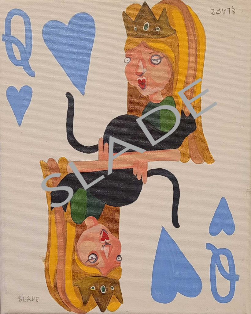 Marcela Slade's Queen of Hearts with a black cat and a blonde queen with a crown and Carolina blue hearts