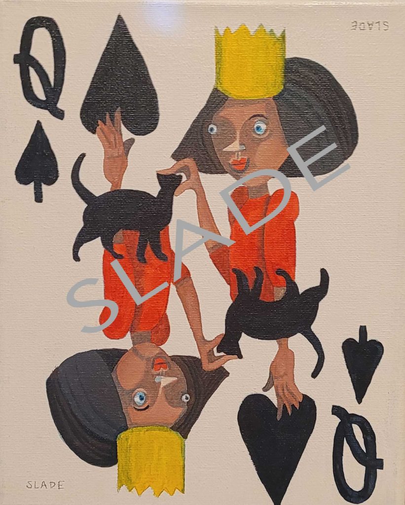 Marcela Slade's Queen of spades with a black cat and a black haired queen with a yellow crown wearing a red top