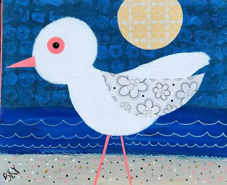 Barbara Younger's white bird at the beach with the moon or sun behind it