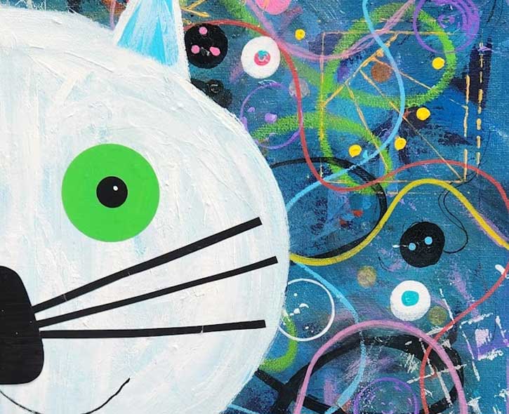 Barbara Younger's art of a white cat with green eyes on a whimsical teal colored background with squiggly lines and circles