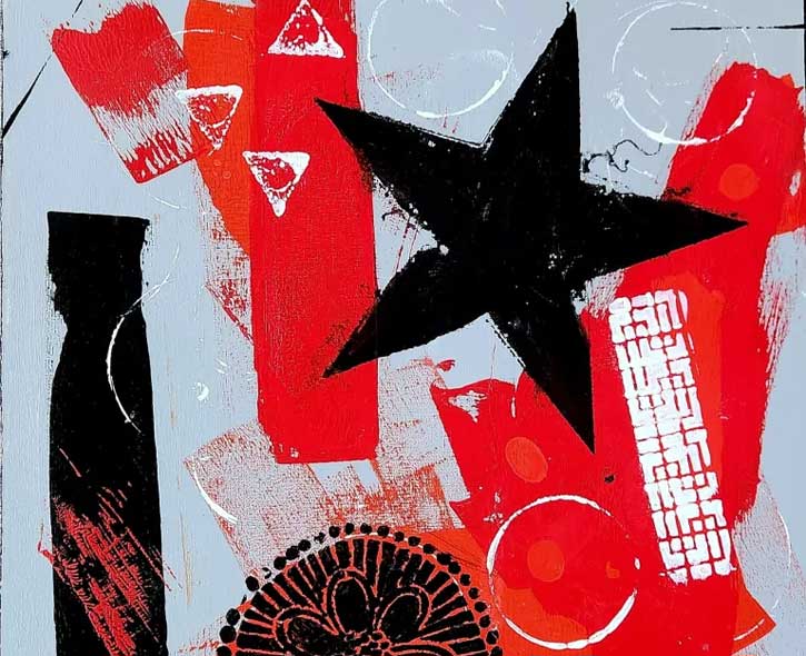 Barbara Younger's abstract painting of stars and shapes red and black on a grey background