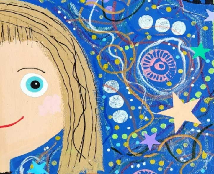 Barbara Younger's art with a blonde girl on a whimsical blue background with swirls, stars, shell shapes, and dots