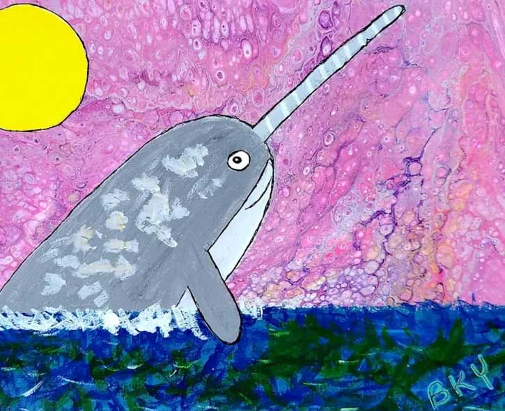 Barbara Younger's art of a narwal in the water with a pink sky and a bright yellow moon